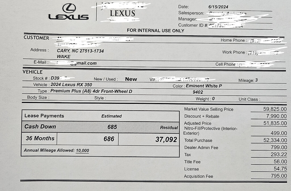 Signed 2024 Lexus RX 350 Premium Plus MSRP+DIO 60,324 base MF 10